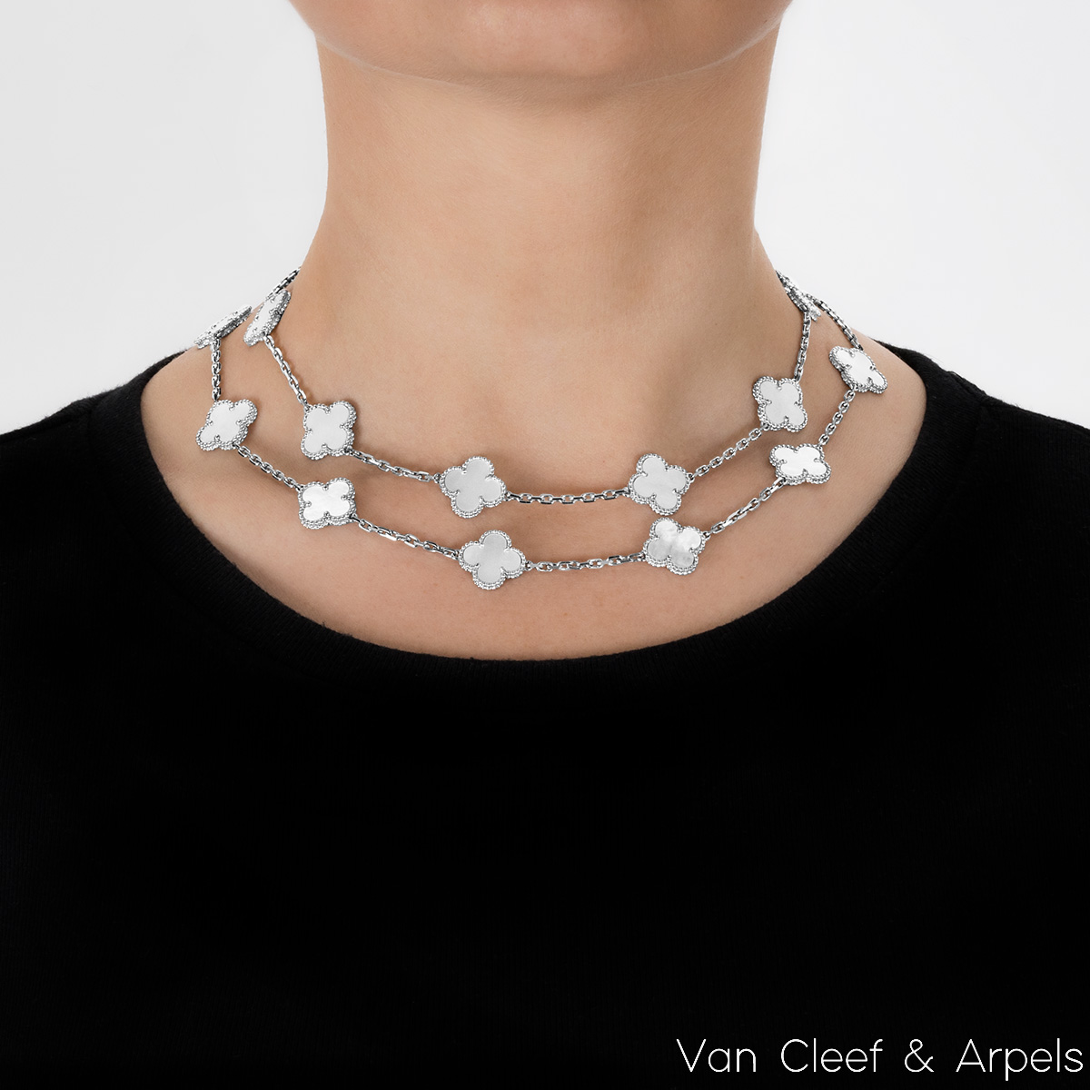 Van Cleef & Arpels White Gold Mother of Pearl Vintage Alhambra 20 Motif Necklace VCARF48800